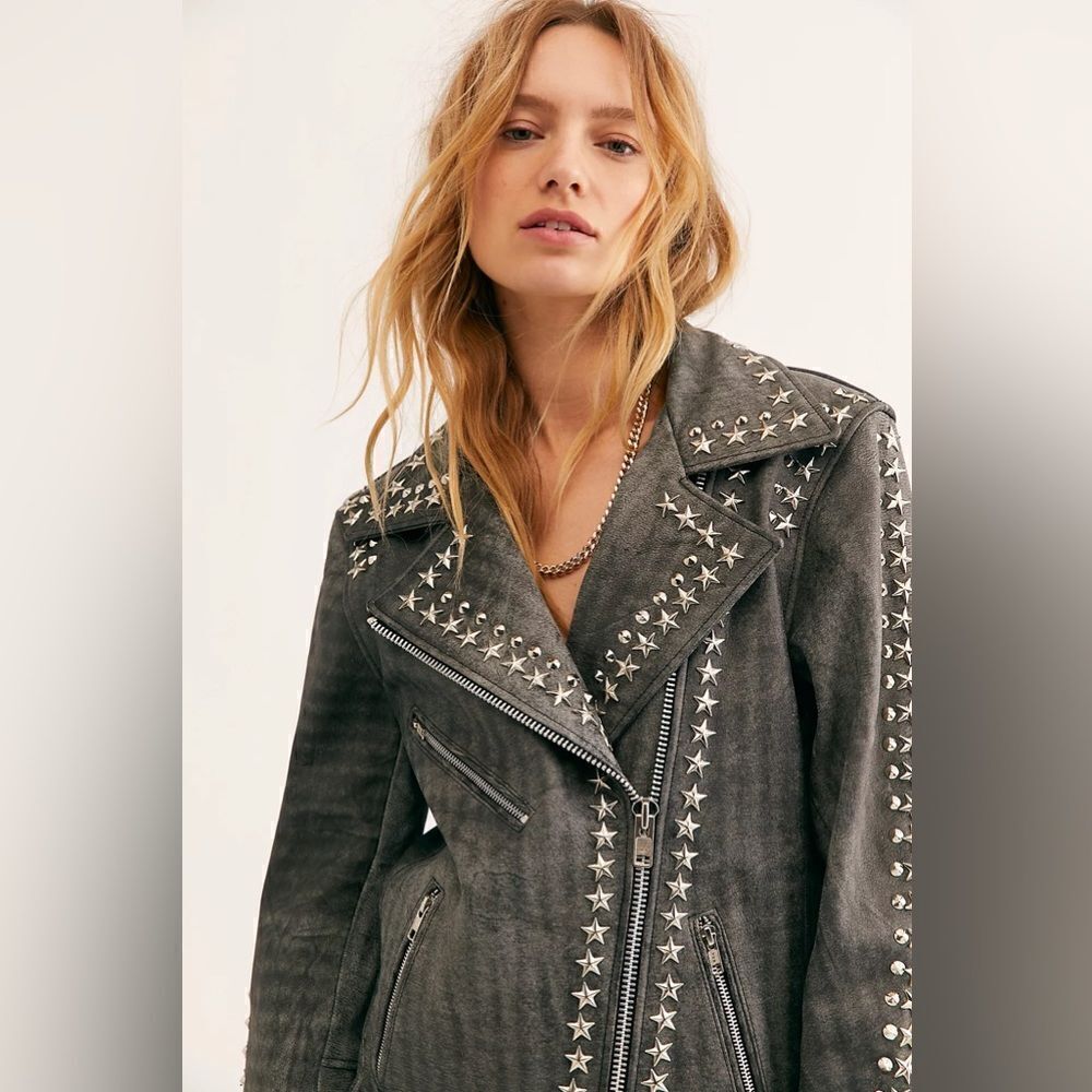 Free People x Understated Leather Star Studded Distressed Jacket - Picture 4 of 10